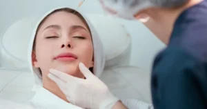 A woman receiving a neurotoxin injection (Botox or Dysport) near the cheek to smooth fine lines and wrinkles.